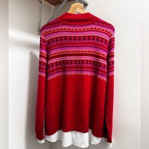 Isaac Mizrahi sweater shirt Mock-Neck Fair Isle Jacquard Red size M stylish cozy